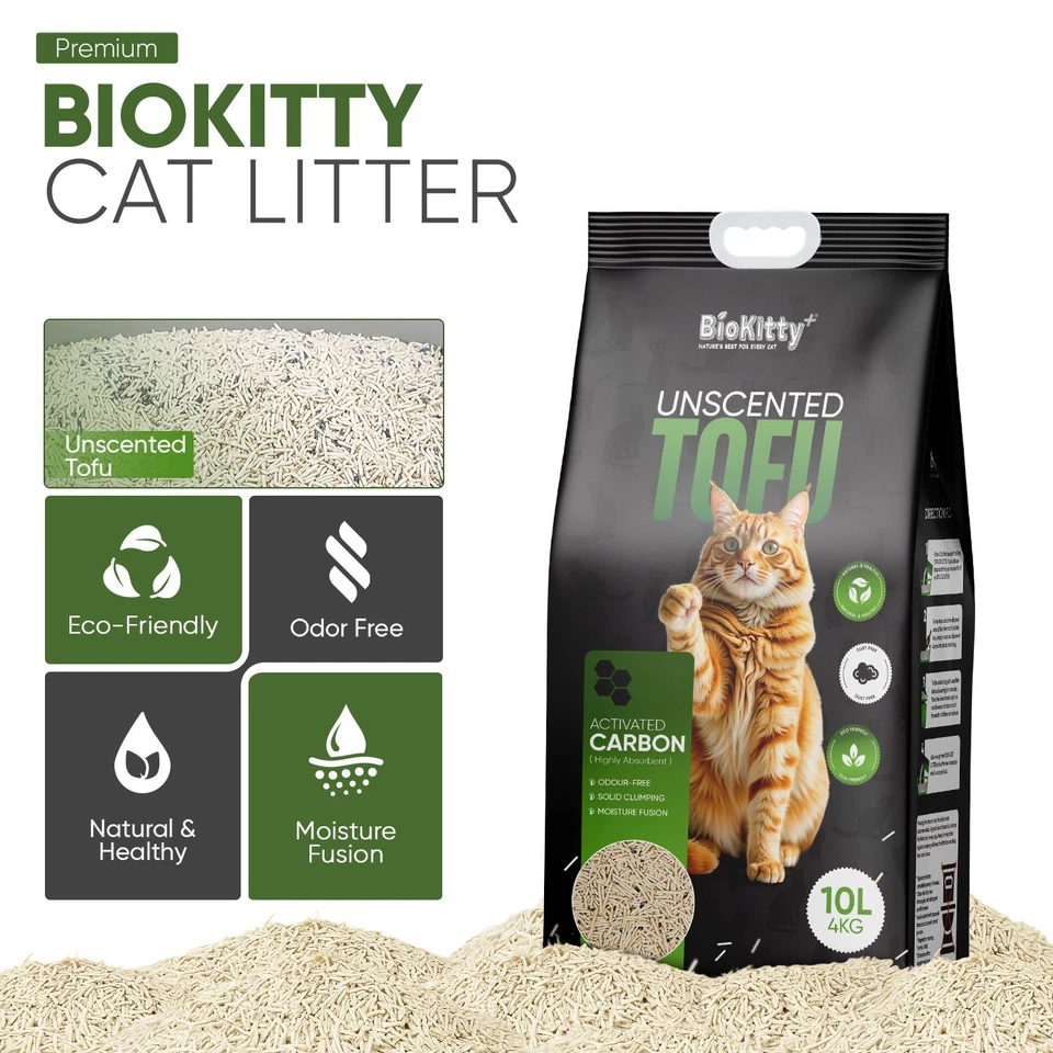 BIOKITTY Tofu Clumping Cat Litter 10L /4Kg Eco-Friendly Dust-Free Flushable Odor Control