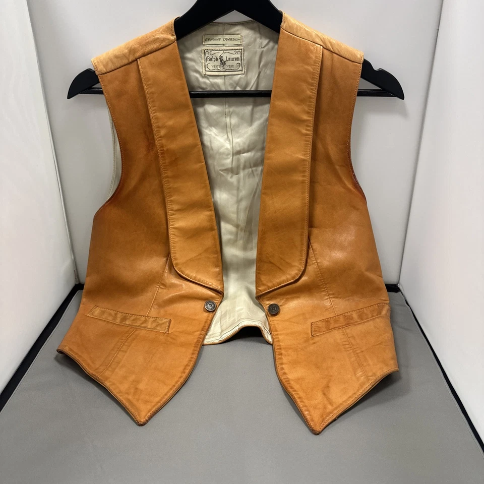 Chaleco polo de cuero occidental vintage años 70 Ralph Lauren piel de cordero Southwest Country Foto 3 de 4