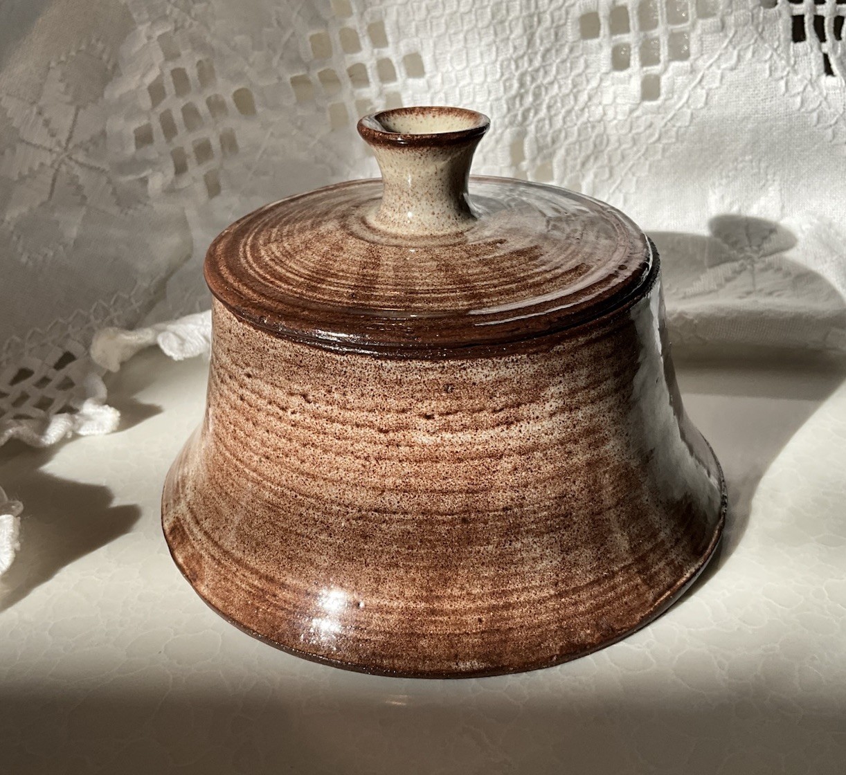 Hand Thrown Studio Pottery Lidded Jar Signed Mid Century Modern Rustic