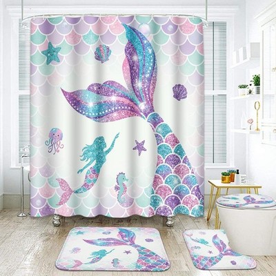Pink Mermaid Tail Scales Bathroom Set with Shower Curtain and Rugs Accessorie...