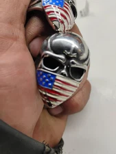 Mens Large American Biker Skull Flag Mask Ring Stainless Steel Size 7-15 16 Gift