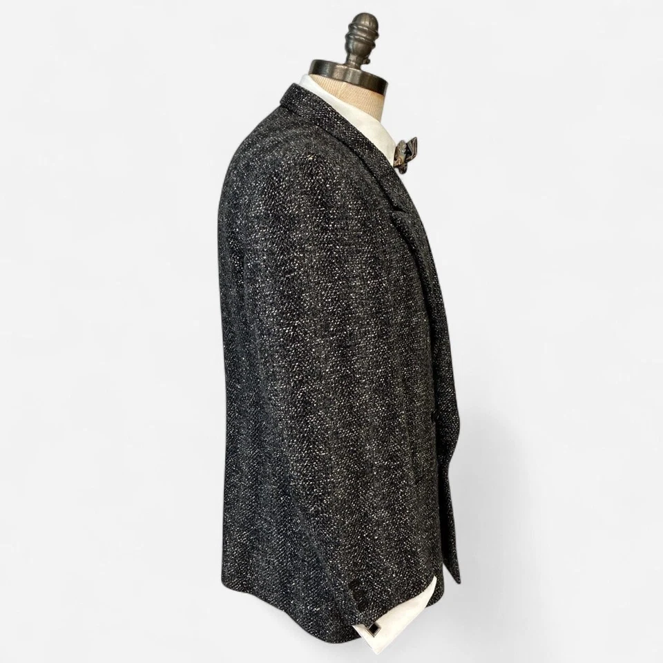 80s Vintage Atomic Fleck Salt & Pepper Wool Men's Suit Coat Size 46 Union Made - Image 4 of 4