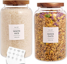 Set of 2 Large Glass Jar with Airtight Acacia Lid and 132 Kitchen Pantry Labels,