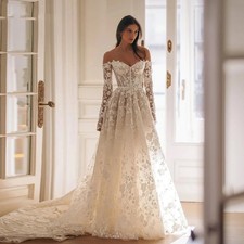 Off Shoulder Long Sleeved A-line Wedding Dress with Floral Lace Bridal Gown