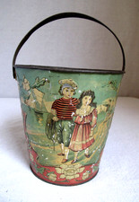 Antique Tin Litho Sand Pail Bucket Boy's and Girls at the Seaside c. 1900