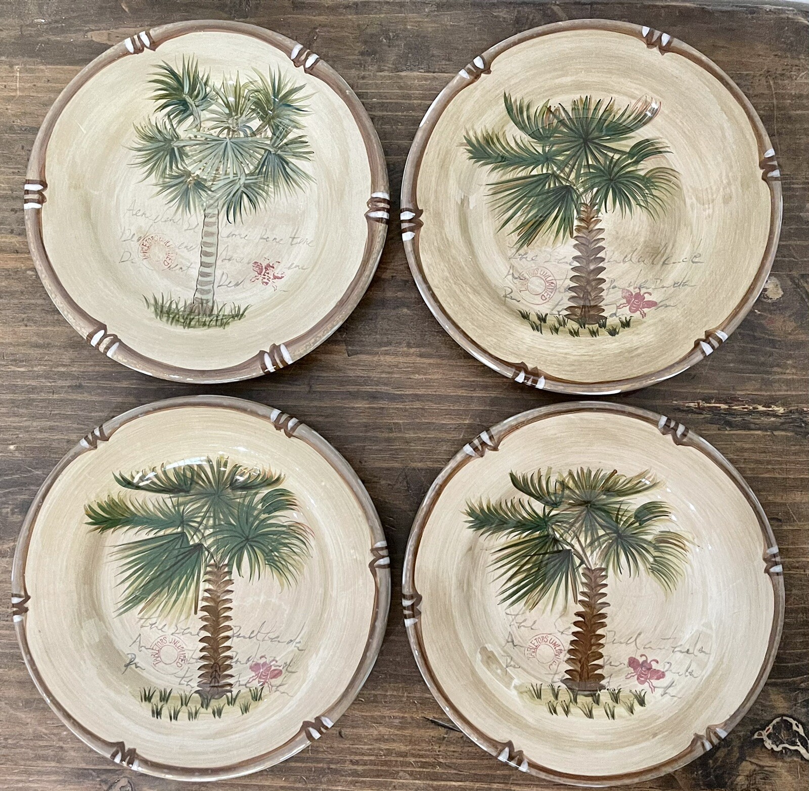 4 Salad Plates Tabletops Unlimited Bora Bora Hand Painted Palm Trees 8.