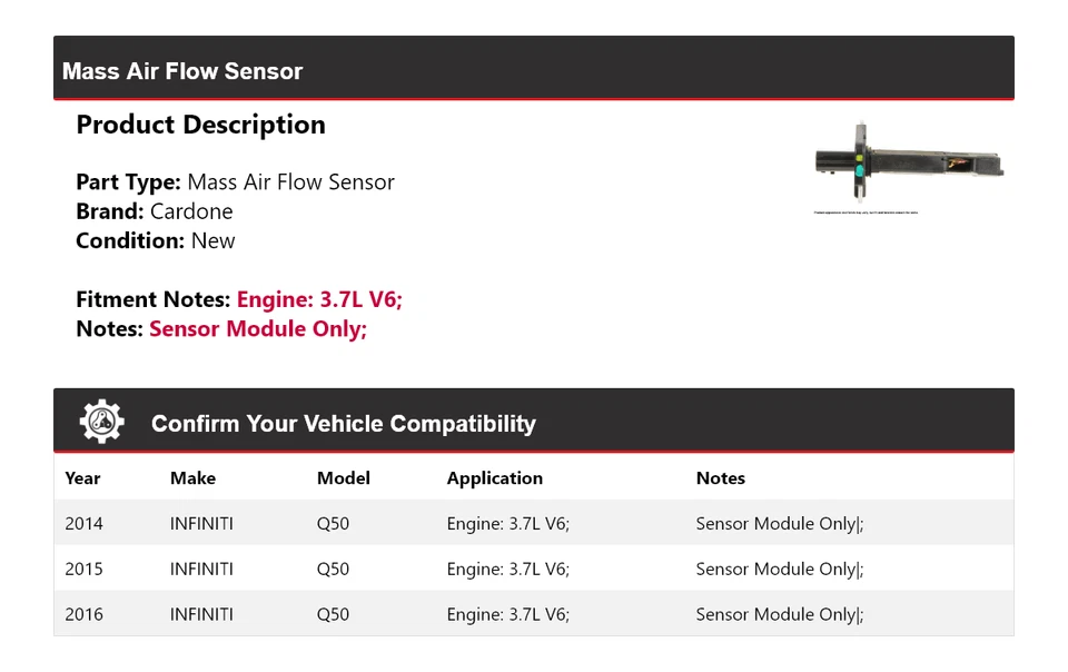 Sensor de flujo de aire másico Cardone 2015 para Infiniti Q50 2014-2016 3,7 L V6 Foto 2 de 4