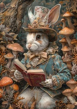 Rabbit Reading Art Print, Whimsical Bunny Forest Decor Cottagecore Wall Gift Q15