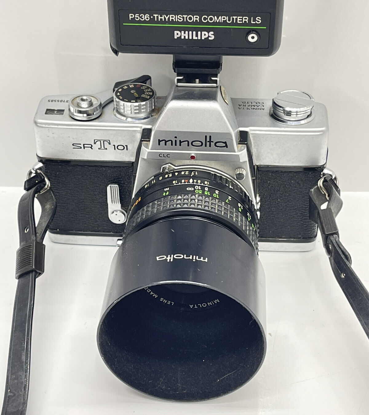 Minolta SRT 101 Film Camera MC Rokkor 50mm Lens And Phillips P536 Flash  Japan