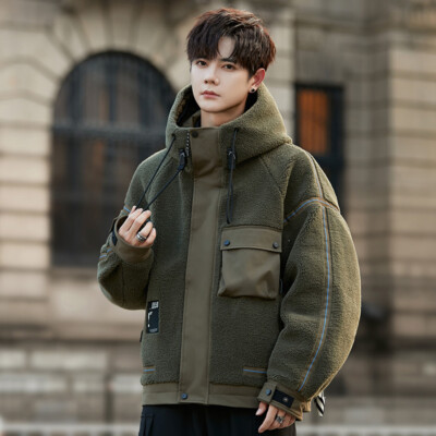 Winter New Lamb Wool Fur Splicing Down Hooded Jacket Mens Fleece