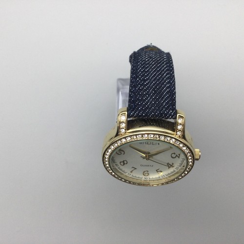 Gruen Watch Women Pave Gold Tone Round Dial Blue Denim Band New Battery - Picture 3 of 17