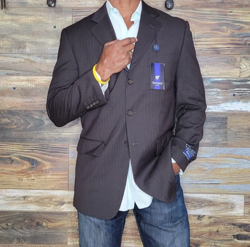 Blazer Chaqueta Deportiva Ferrecci Uomo Marrón Rayas Doble Ventilación Nuevo con Etiquetas Talla 38R $299 Foto 3 de 4