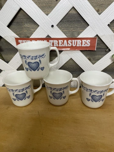 Vintage Set Of 4, Sponge Blue Heart Corning Ware Coffee Cups No Chips
