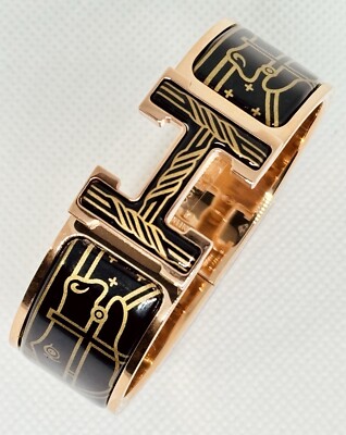 Hermes Wide Clic H Black & Gold Enamel RGH  Cadrege Aux Filles Bangle Bracelet