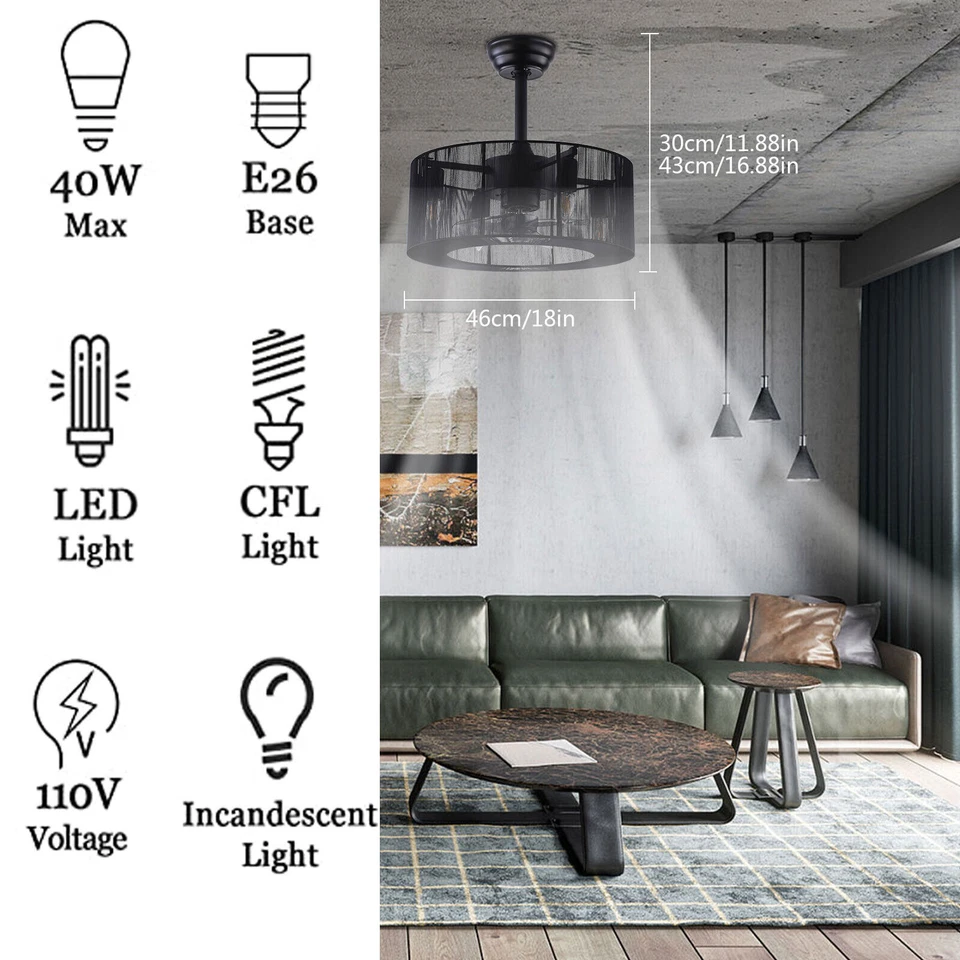 Modern Caged Ceiling Fans with Light & Remote Fringe Tassel 3Speeds Downrod - Image 2 of 4