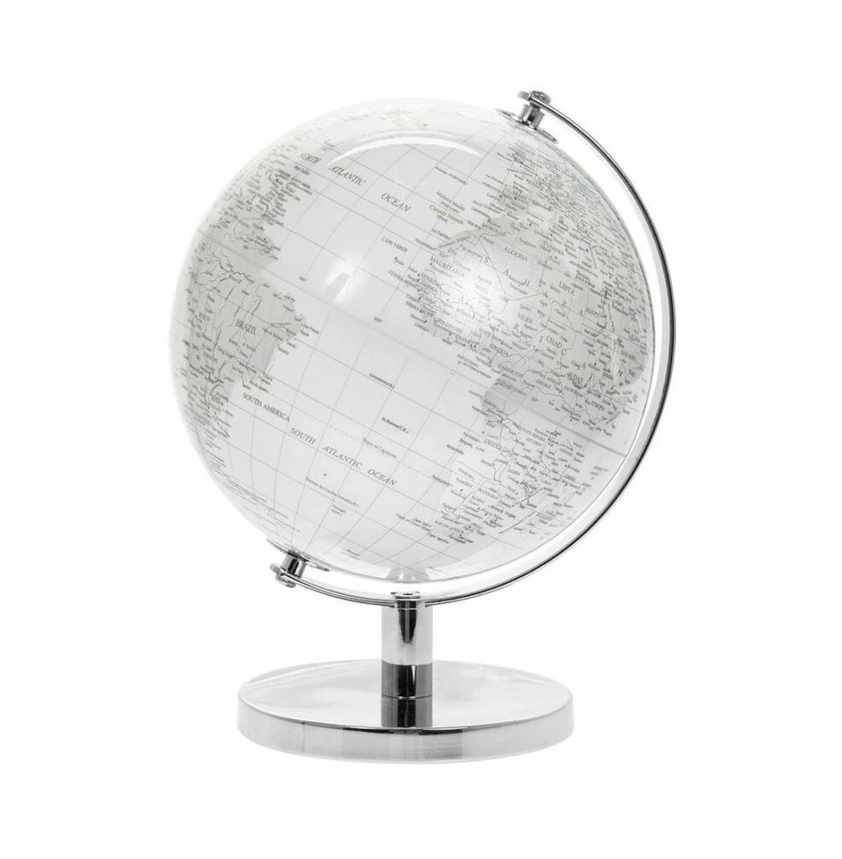 MAPPAMONDO MEDIO CONTEMPORANEO BIANCO E ARGENTO BASE METALLO TAVOLO SCRIVANIA ORNAMENTO L&P