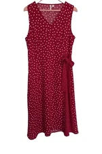 ELLE Women Wrap Dress V-Neck Sleeveless Red/ White Polka Dot Size L Pre-owned