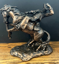 1981 Universal Statuary 049 Cowboy on Rearing Horse Faux Bronzed Resin Sculpture