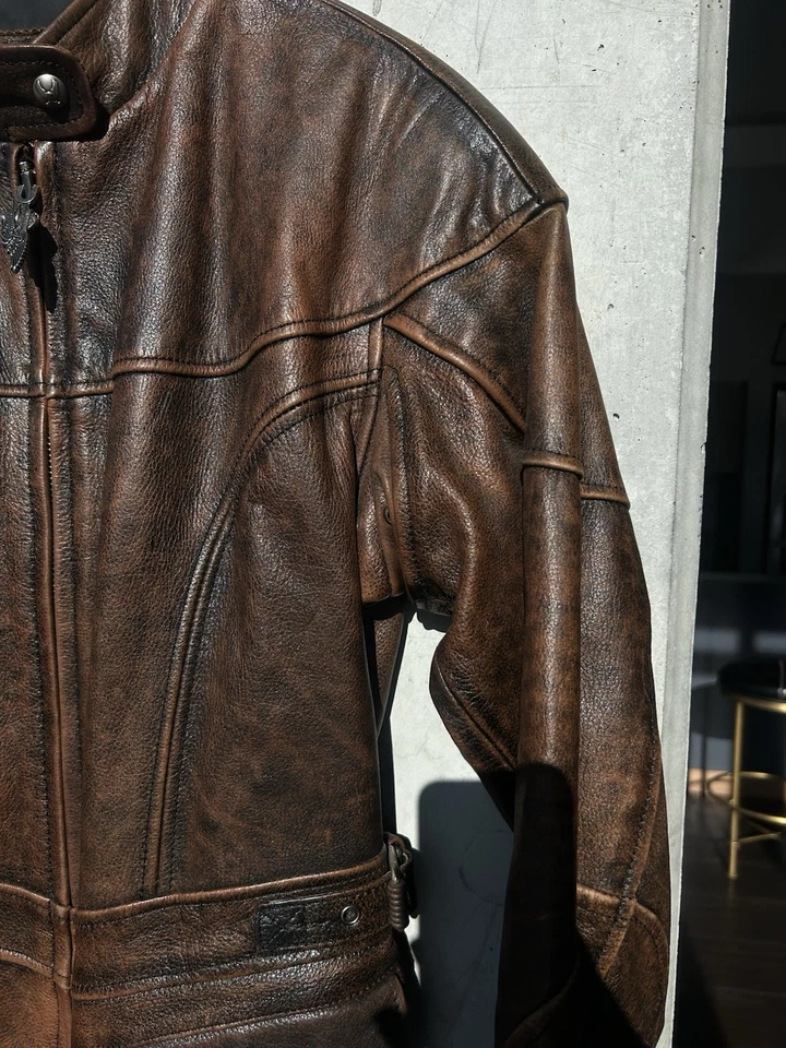 Chaqueta de montar Harley-Davidson XS de cuero genuino vintage marrón bolsillos con cremallera Foto 3 de 4