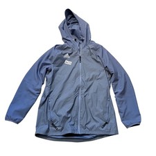 Adidas Women's Windbreaker Jacket Sz L Blue Gray Zip Up Hooded Running Track