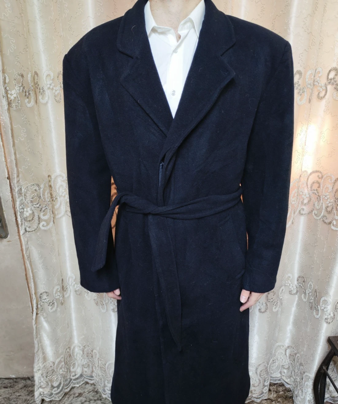 Vintage Giovanni classic wool Cashmere blend black belted long over coat 44R