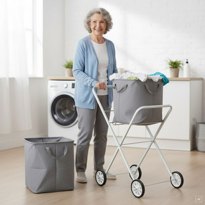 abc HOME Wäschekorbwagen Klappbar Weiß Metall Ablage Rollen Haushaltswagen 92cm