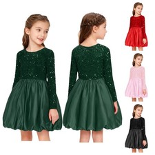 Girls Sparkle Sequin Velvet Long Sleeve A-line Bubble Dress Wedding Birthday