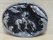 Vintage Native American Warrior Horse Belt Buckle Silver Tone Black Western