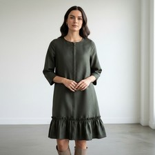 COS Women Dark Olive Green Long Sleeve Ruffle Drop Hem Shift Dress Size 4