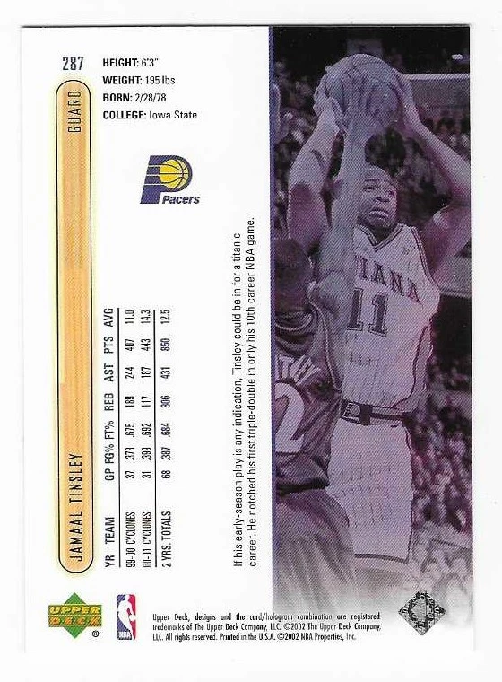 2001-02 Upper Deck Jamaal Tinsley Indiana Pacers Basketball Card #287 Rookie RC - Image 2 of 2