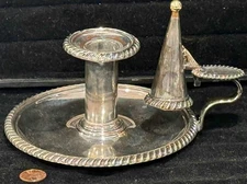 Antique Sheffield Plate Chamberstick Candlestick Holder + Snuffer, N. Smith & Co