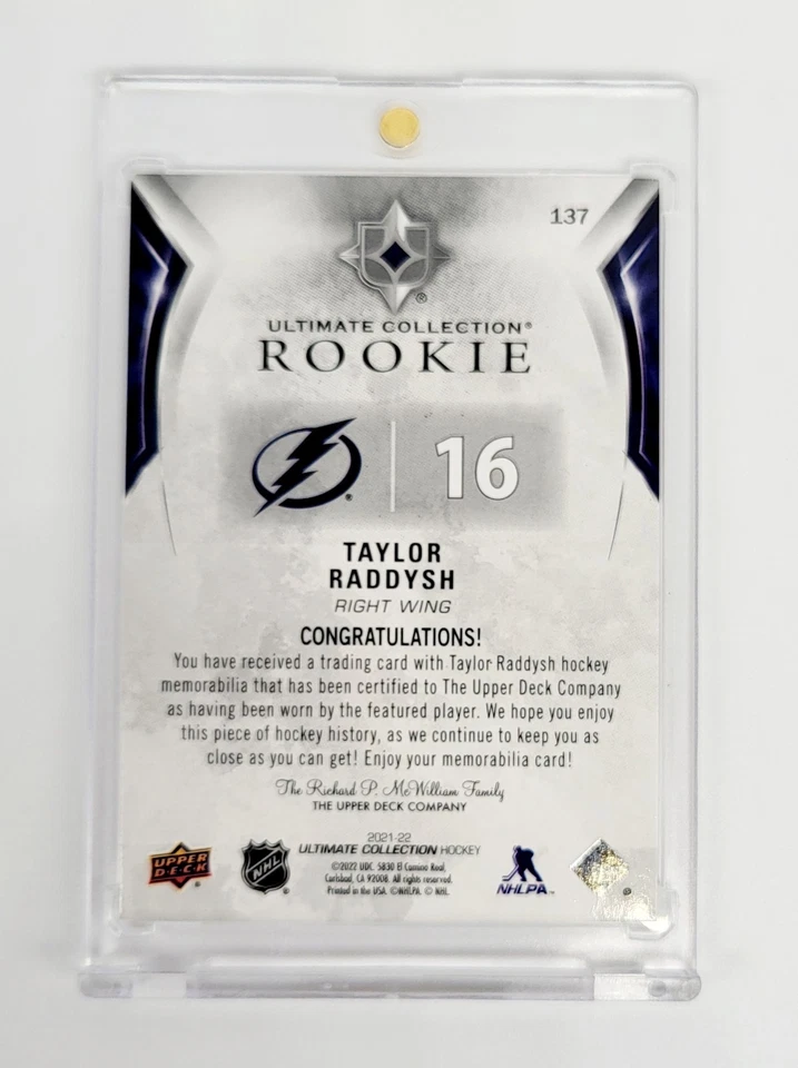 MINT #/ED RC JERSEY PATCH 2021-22 UD Ultimate Collection TAYLOR RADDYSH #137 NHL - Image 2 of 2