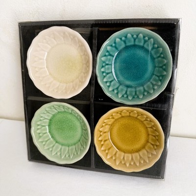 Vintage Elements Small Ceramic Crackle Glaze Flower Tidbit Bowls Dishes Set of 4