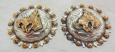 Pair Pico Berry Bronc Horse Conchos Screw Back Silver Plate Hansen Western Gear