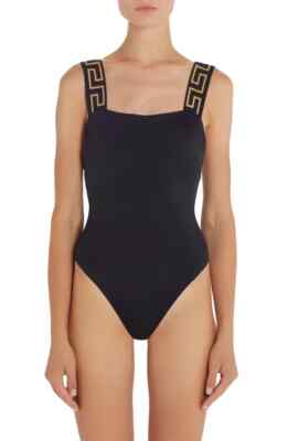 $350 Versace Black Greca Strap One Piece Swimsuit Size 2