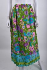 Vintage 70s Womens Maxi Skirt Barkcloth Green Purple Floral Retro XS Cottagecore