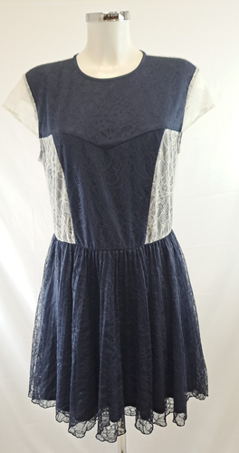 ASOS Dark Blue White Lace Detail Skater Dress Size 16 UK