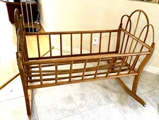 Vintage 1940's Amish Style Turned Spindle & Cane Maple Baby Rocking Cradle