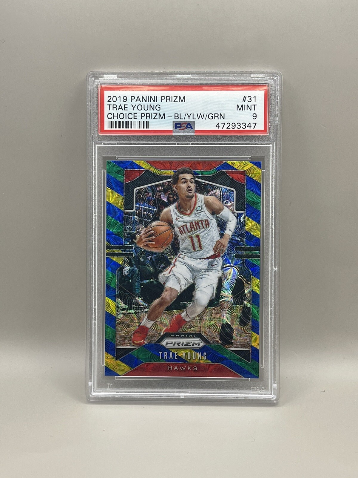 Trae Young 2019 Panini Prizm #31 CHOICE PRIZM - BLUE/YELLOW/GREEN - PSA MINT 9
