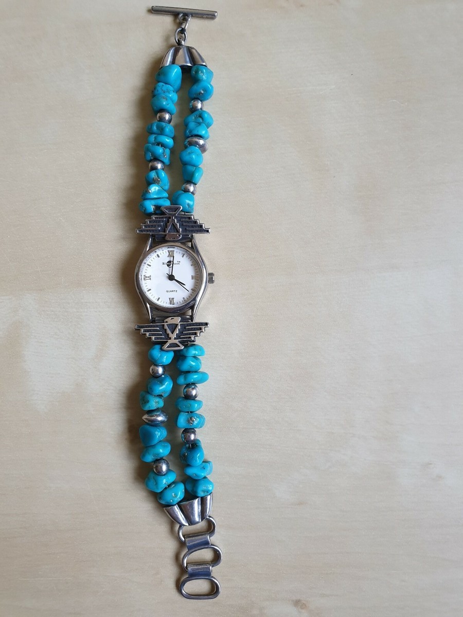 Montre Femme Argent Massif Avec Turquoises Brutes - Occasion - Style Bohème