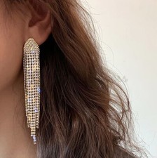 Silver Luxurious Bling Tassel Earrings Crystal Rhinestone Long Drop Earrings