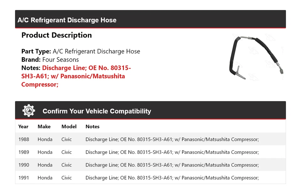 Manguera de descarga de refrigerante aire acondicionado Honda Civic 1988-1991 4 estaciones 1989 1990 Foto 2 de 4