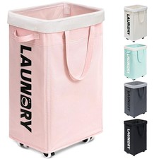 Pink Laundry Basket With Wheels 75L Collapsible Dorm Essentials For Girls