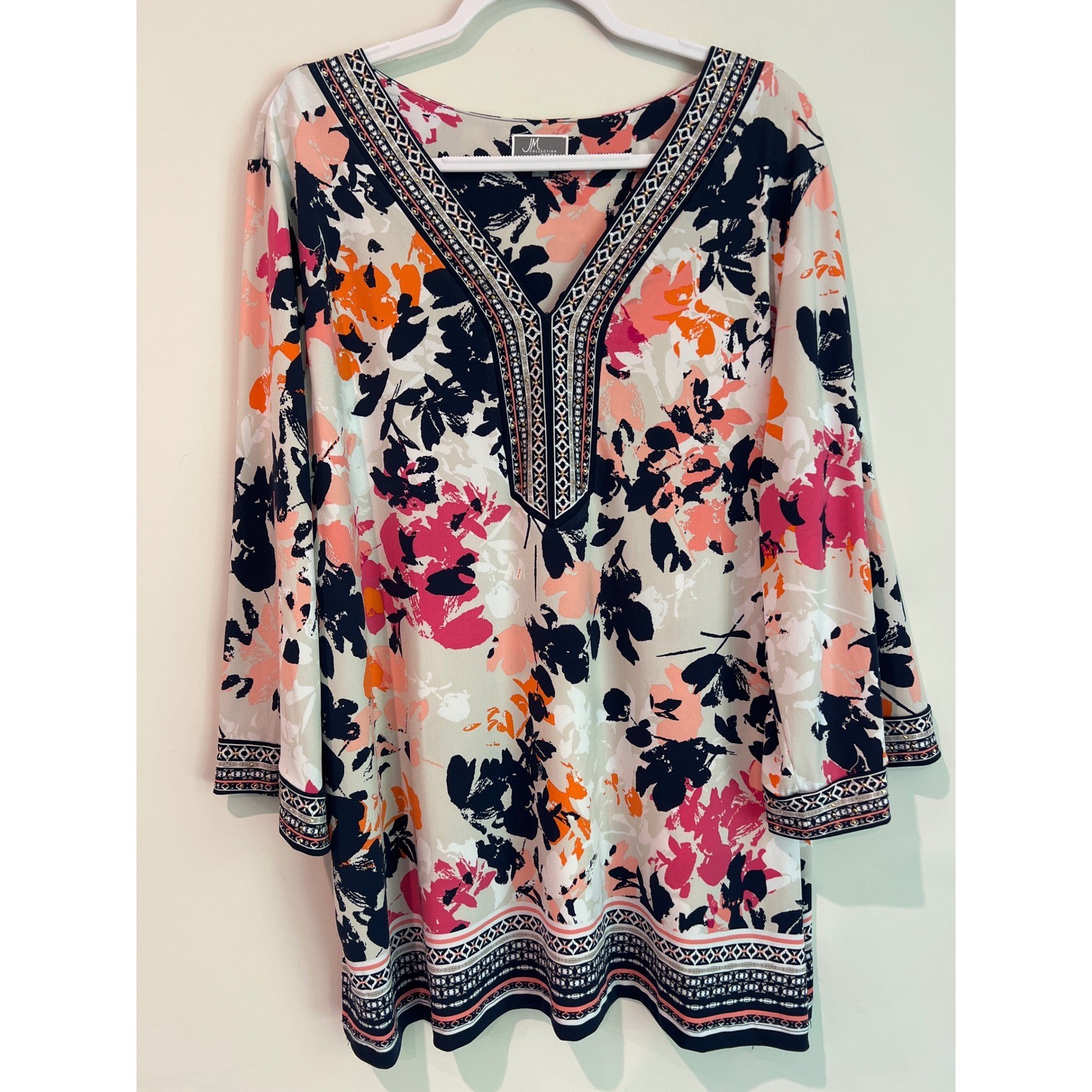 JM Collection Woman Plus 3X Floral Tunic Top V-Neck 3/4 Sleeve Navy Pink Coral