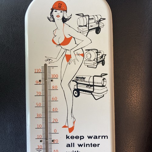 Vintage MASTER PORTABLE HEAT THERMOMETER SIGN Bikini Girl Keep Warm All Winter