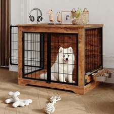 32" Dog Crate End Table W/ Rotating Feeder, Anti-Chew/Escape Design for Dogs