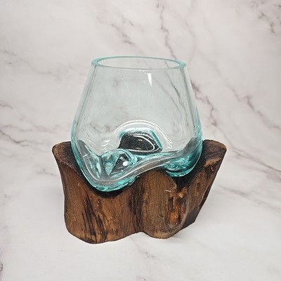 Molten Glass Sculptural Bowl Vase Terrarium Natural Driftwood Root Base Rustic