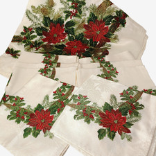 Christmas Tablecloth with 8 Napkins 9 piece Set Cream Red Poinsettia Ribbons