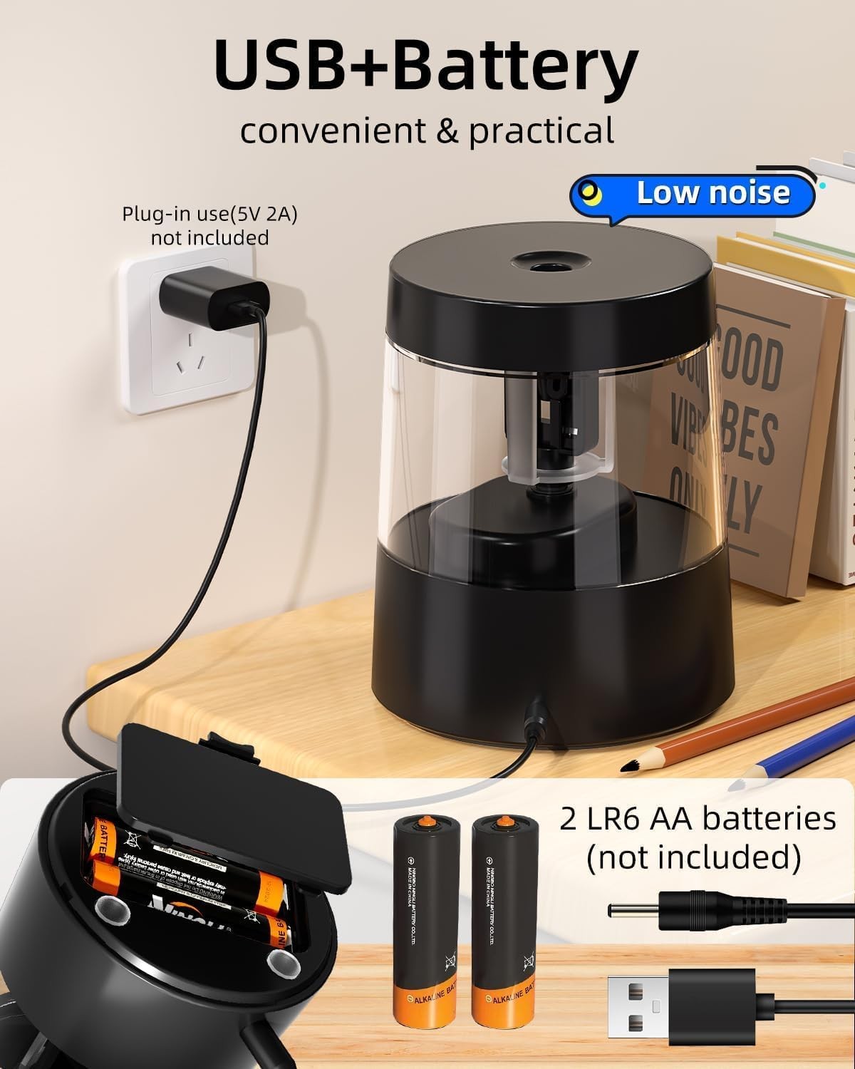 Electric Pencil Sharpener Auto Stop Battery Operated Black