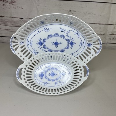 Pair of August Warnecke Friesisch Blau Open Work Reticulated Porcelain Baskets